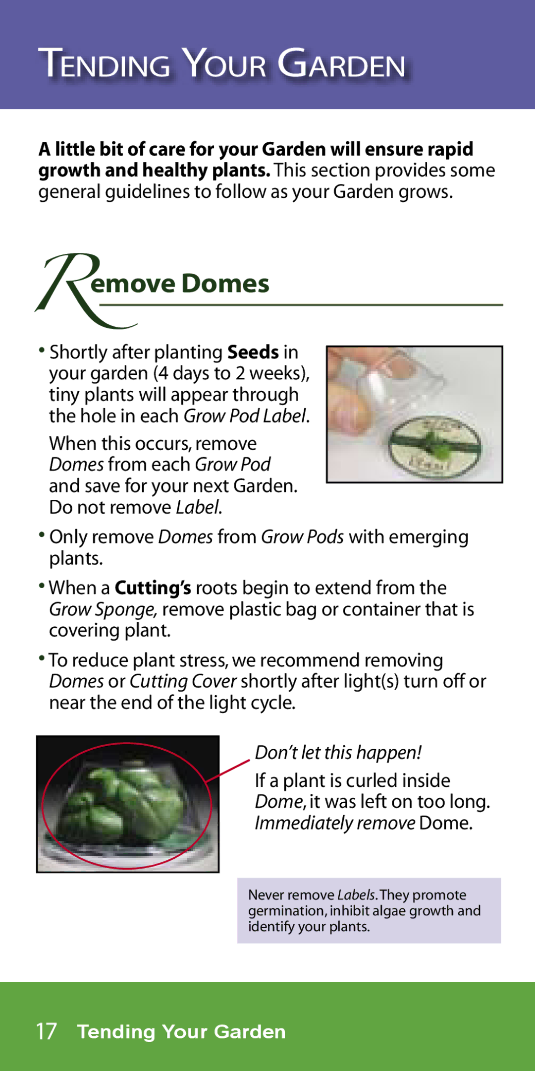 AeroGarden 7-Pod, 1-Season manual Tending Your Garden, Emove Domes, Rgeneral guidelines to follow as your Garden grows 