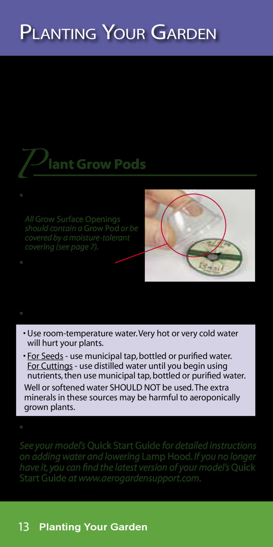 AeroGarden 7-Pod, 1-Season manual Planting Your Garden, Make sure that…, AeroGarden Bowl has water up to “Fill to Here.” 