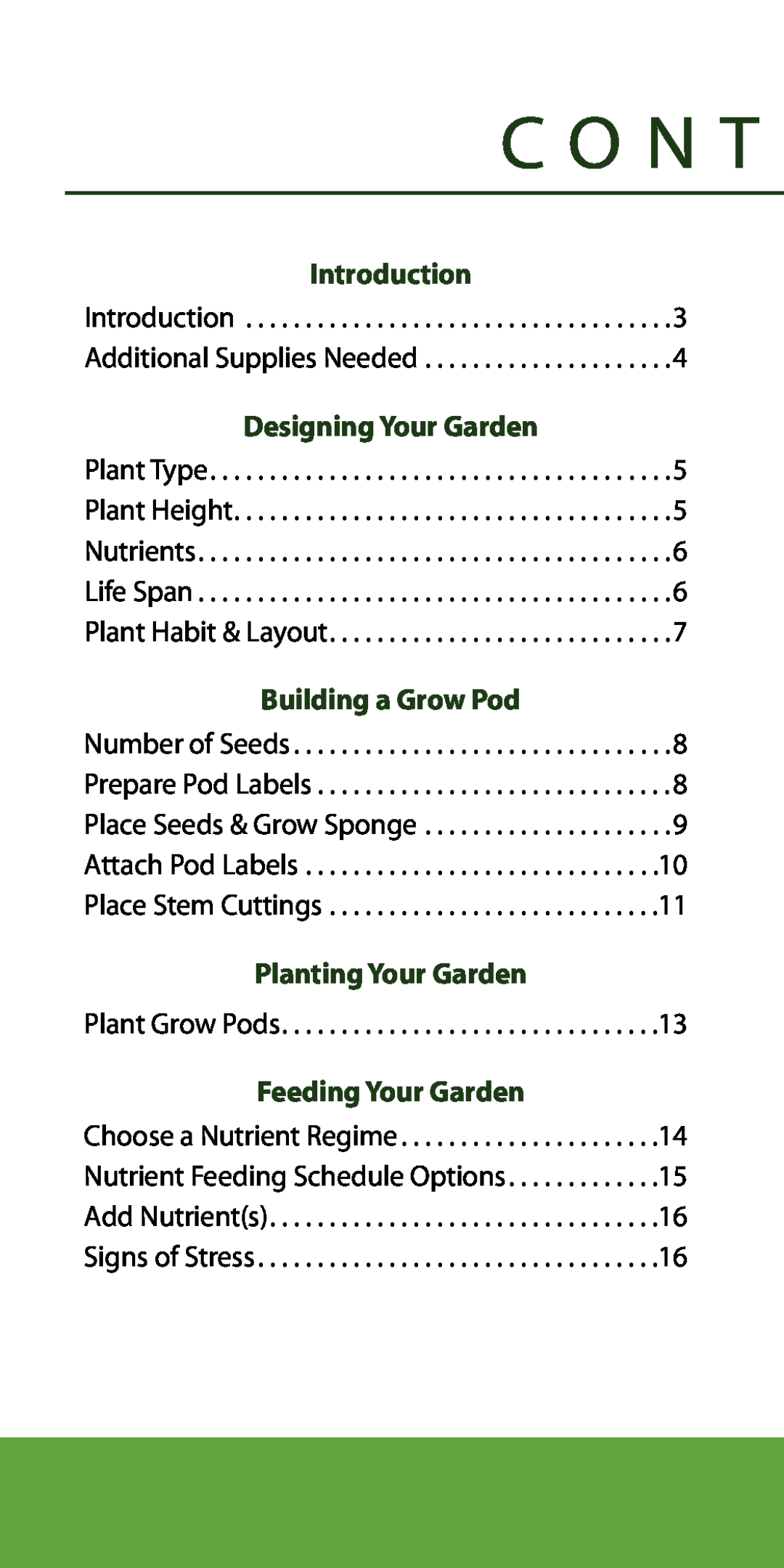 AeroGarden 7-Pod, 1-Season manual C O N T, Planting Your Garden, Feeding Your Garden, Introduction 
