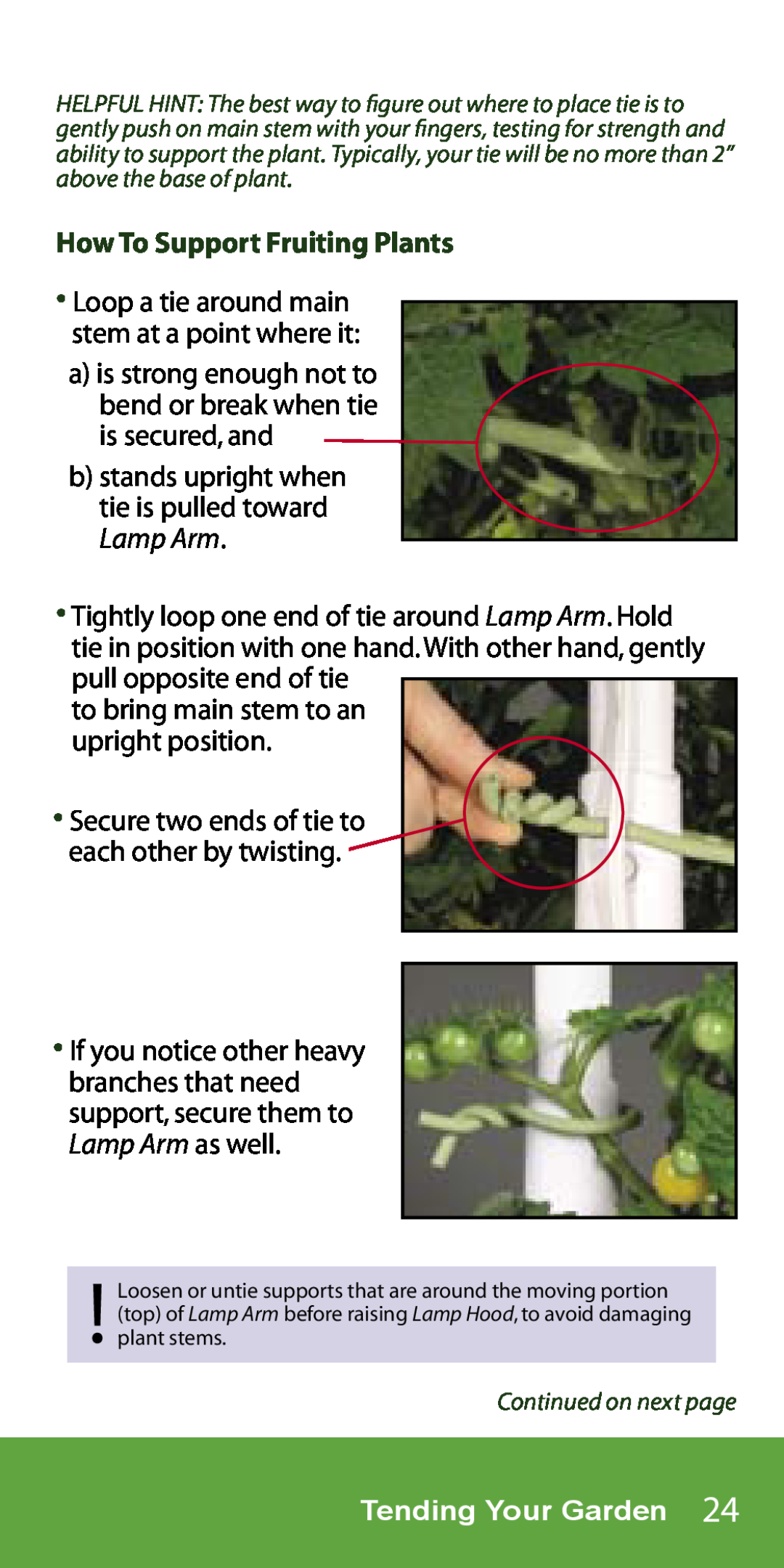 AeroGarden 1-Season, 7-Pod manual How To Support Fruiting Plants, b stands upright when tie is pulled toward Lamp Arm 