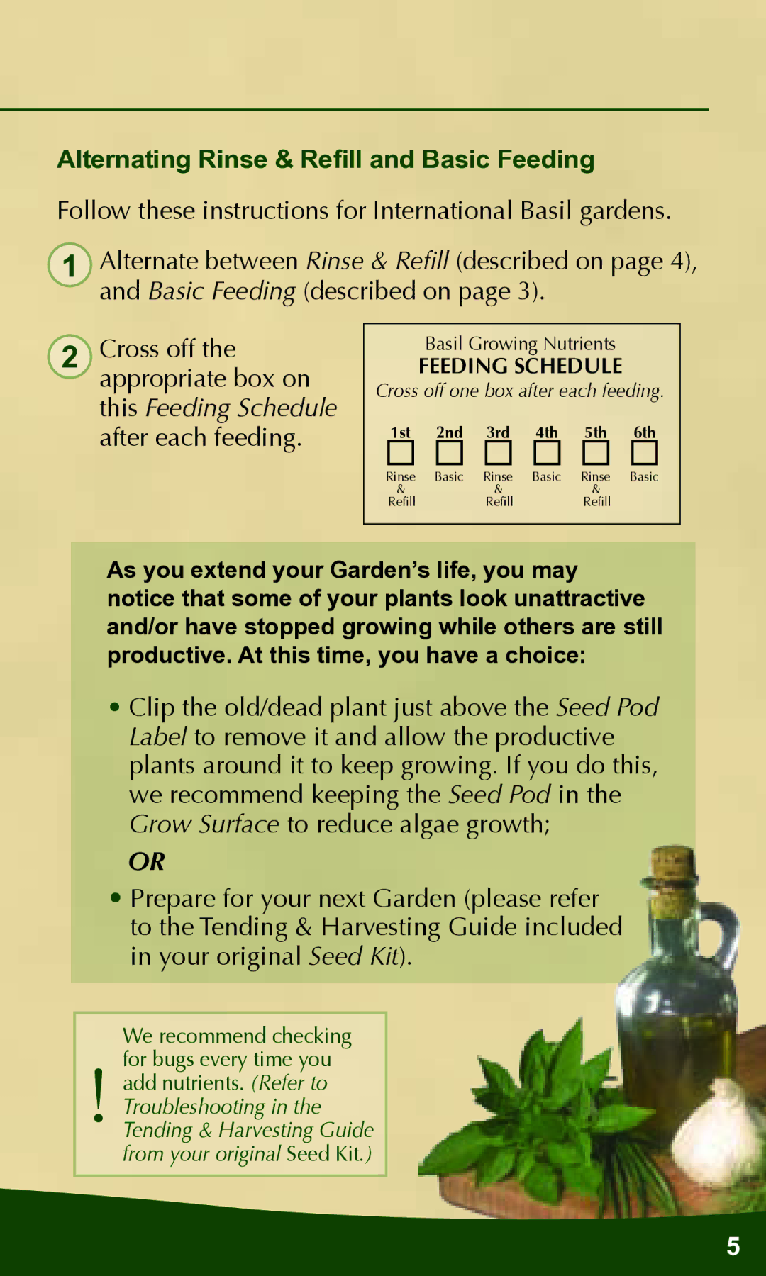 AeroGarden Extended Season manual Alternating Rinse & Refill and Basic Feeding, Feeding Schedule 