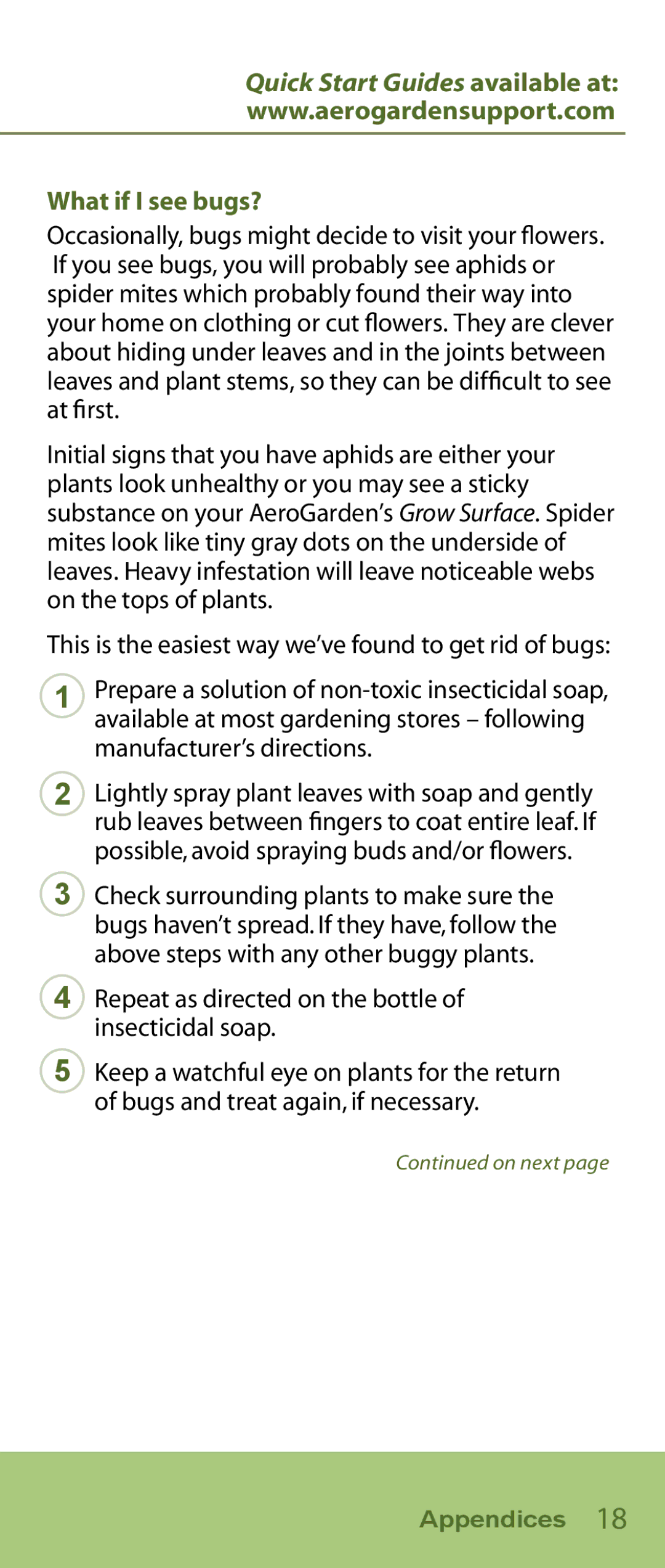 AeroGarden Flower Series manual What if I see bugs?, Repeat as directed on the bottle of insecticidal soap 