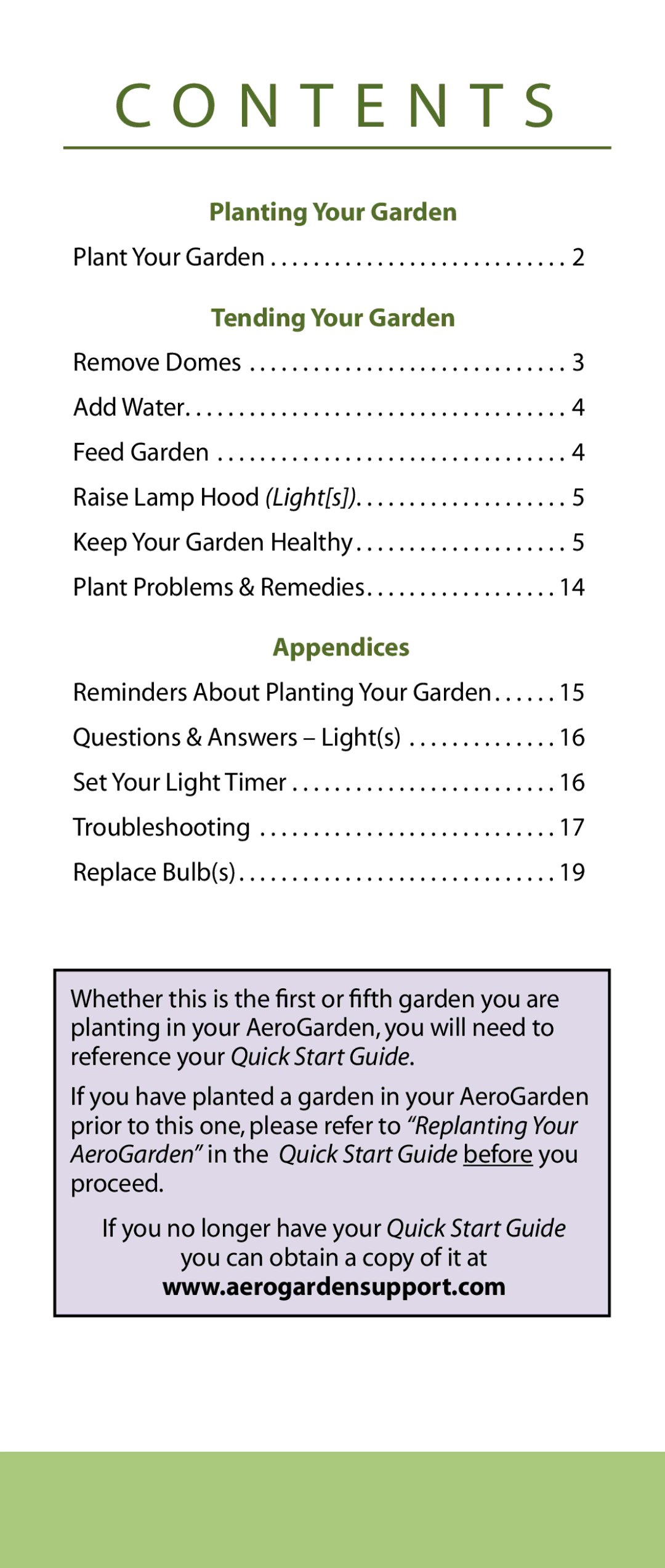 AeroGarden Flower Series manual Planting Your Garden, Tending Your Garden, Appendices 