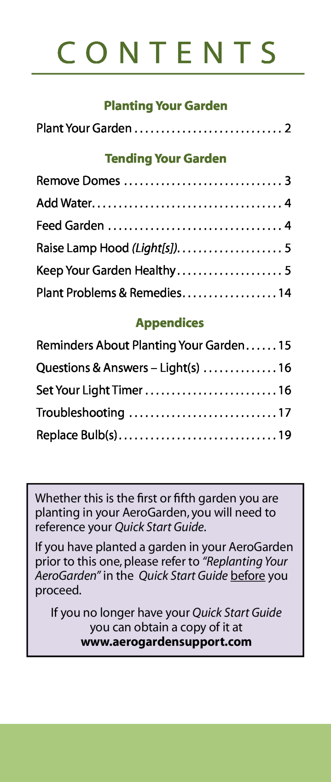AeroGarden Flower Series manual Planting Your Garden, Tending Your Garden, Appendices, C O N T E N T S 