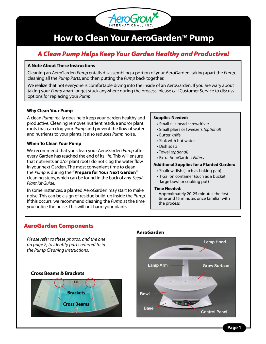 AeroGarden PRO manual AeroGarden Components, Why Clean Your Pump, When To Clean Your Pump, Brackets Cross Beams 