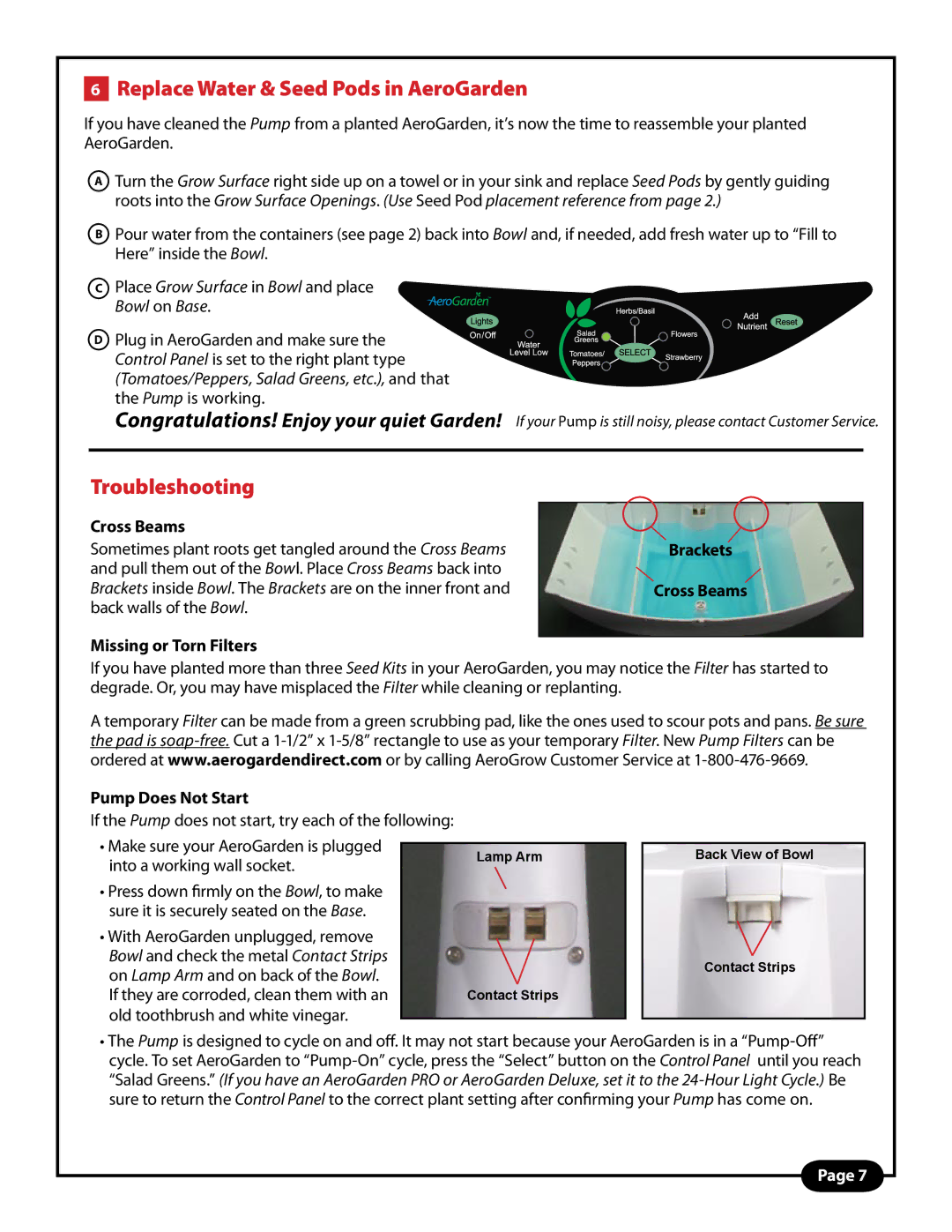 AeroGarden PRO manual Replace Water & Seed Pods in AeroGarden, Troubleshooting, Bowl on Base, Pump Does Not Start 