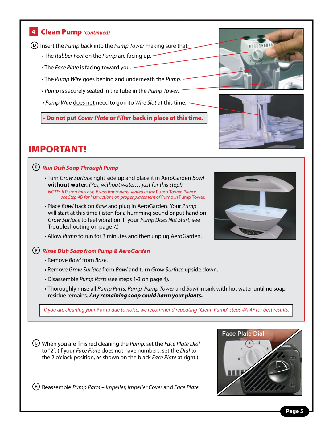 AeroGarden PRO manual 4Clean Pump continued, Face Plate Dial, ERun Dish Soap Through Pump, Page 