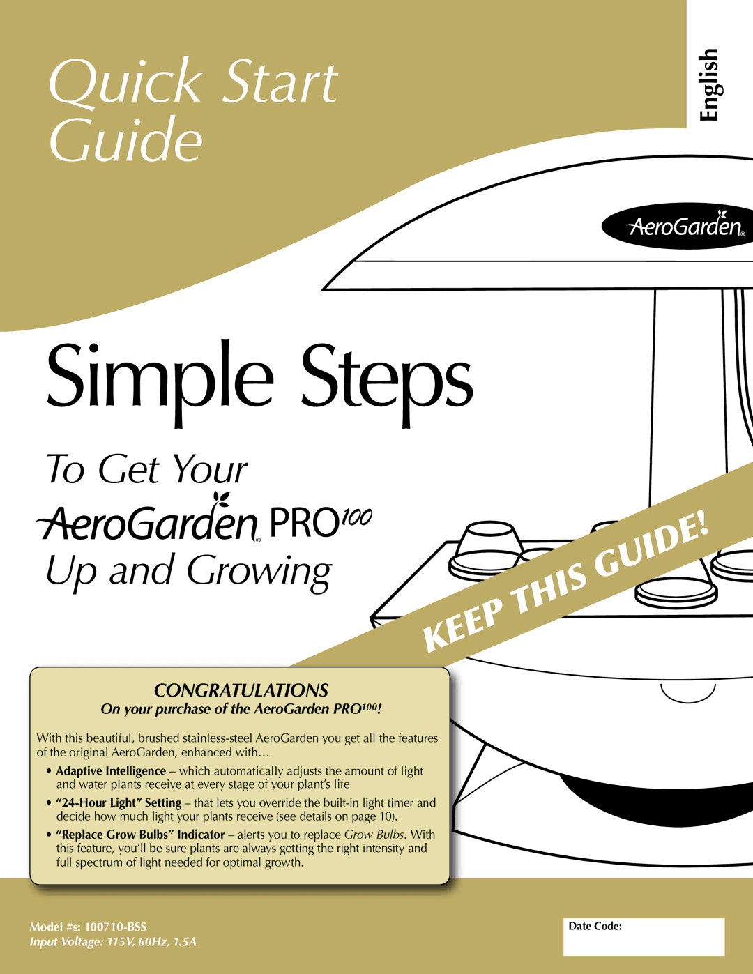 AeroGarden 100710-BSS, PRO100 quick start Simple Steps 