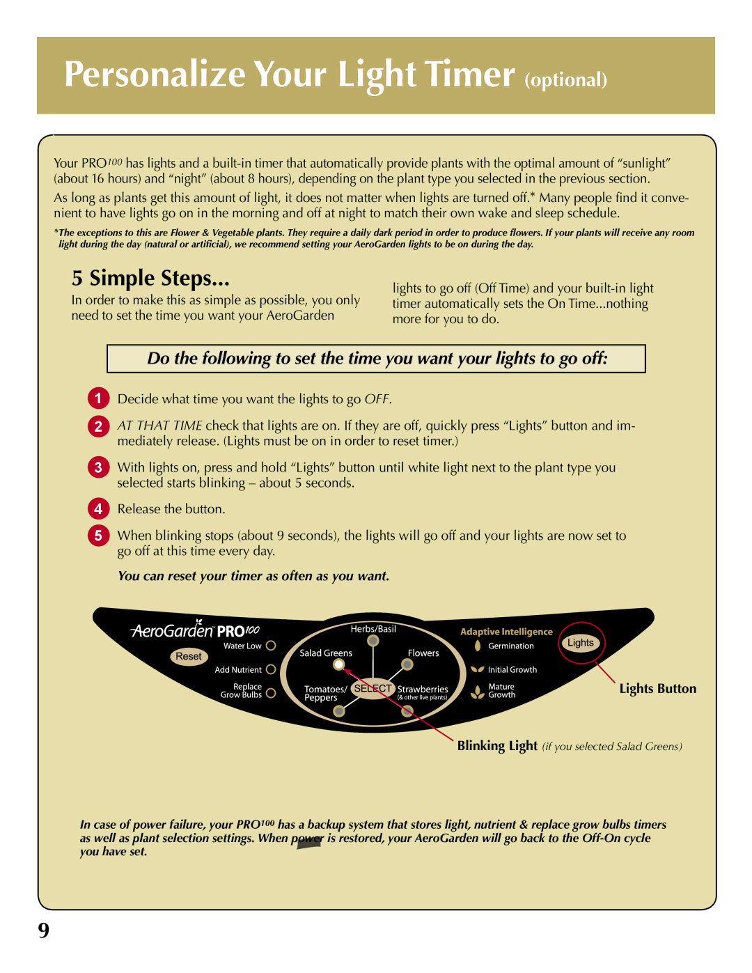 AeroGarden PRO100, 100710-BSS quick start Personalize Your Light Timer optional, Simple Steps 