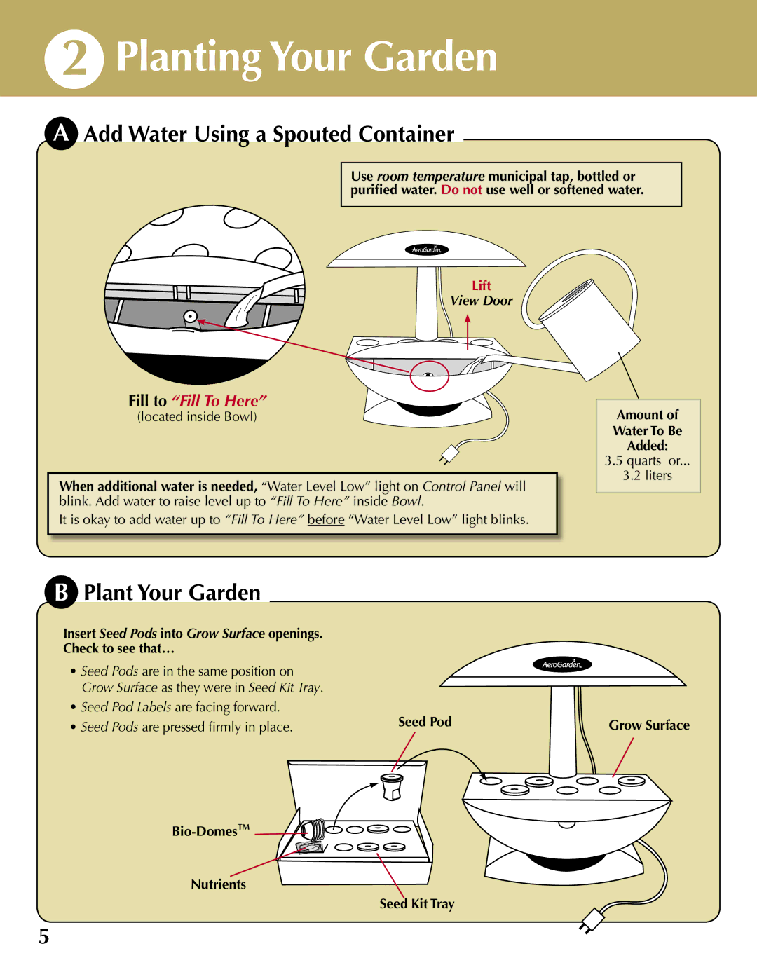 AeroGarden PRO100, 100710-BSS quick start Planting Your Garden, Add Water Using a Spouted Container, Plant Your Garden 