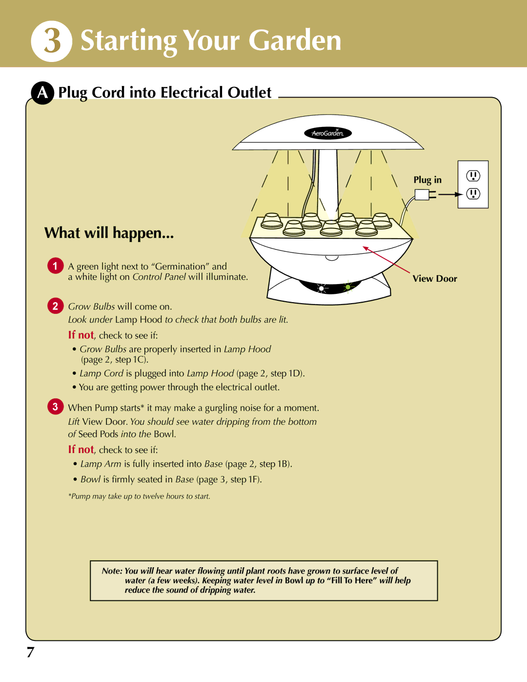 AeroGarden PRO100, 100710-BSS quick start Starting Your Garden, Plug Cord into Electrical Outlet What will happen 