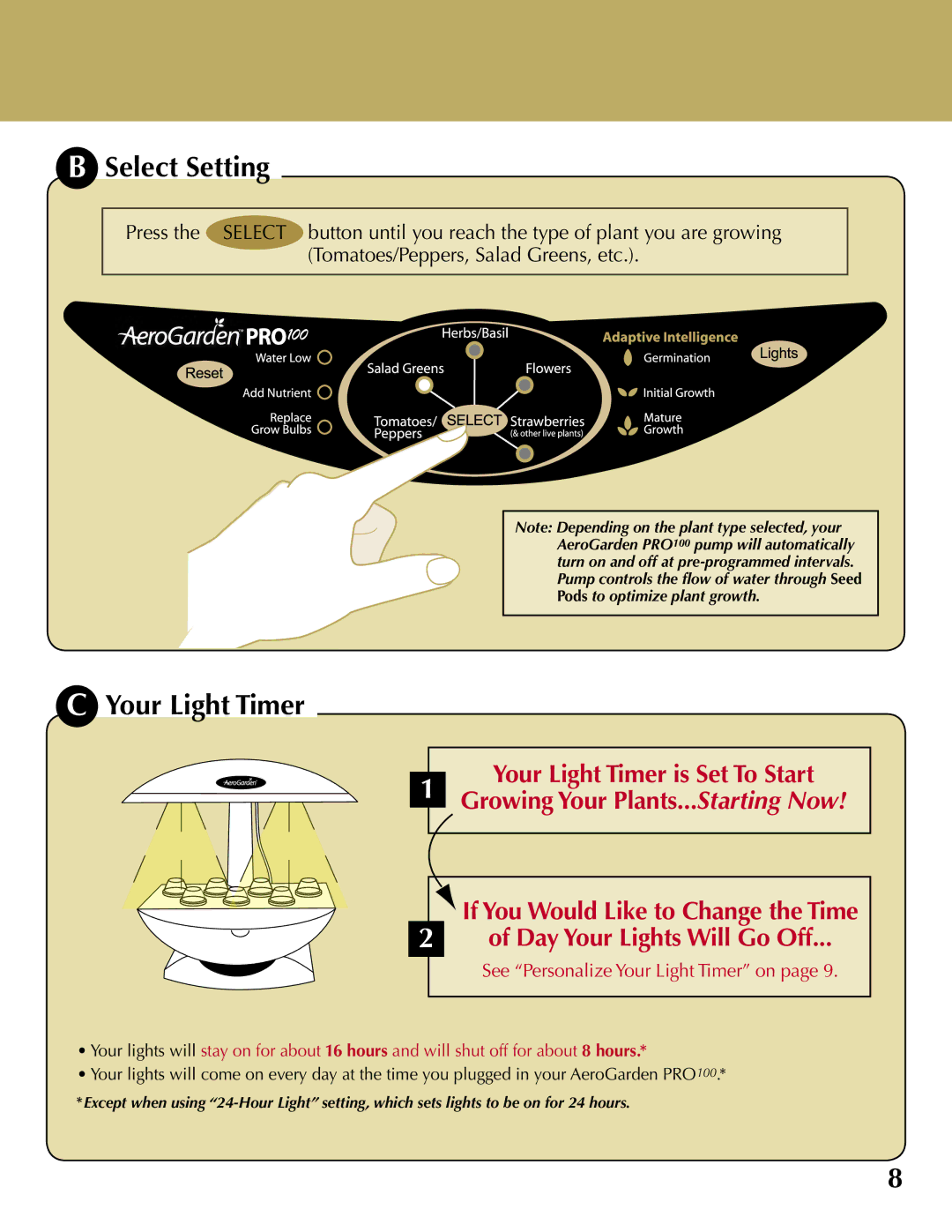 AeroGarden 100710-BSS, PRO100 quick start Select Setting, Your Light Timer 