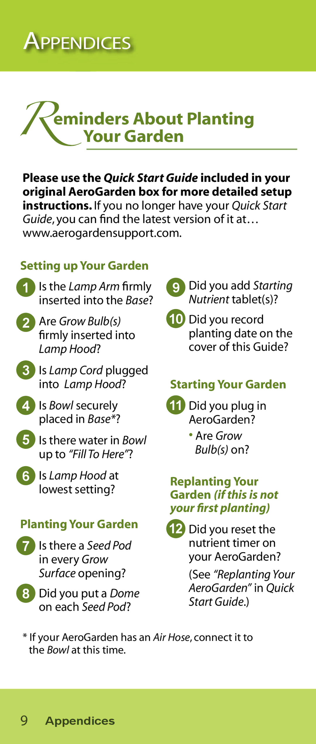 AeroGarden Salad Series manual Reminders About Planting Your Garden, Setting up Your Garden, Starting Your Garden 