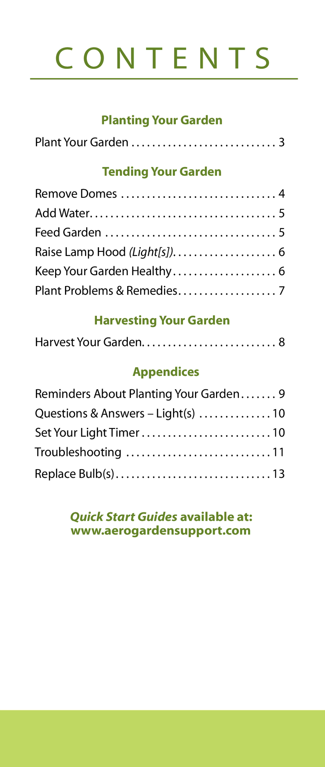 AeroGarden Salad Series manual Planting Your Garden, Tending Your Garden, Harvesting Your Garden, Appendices 