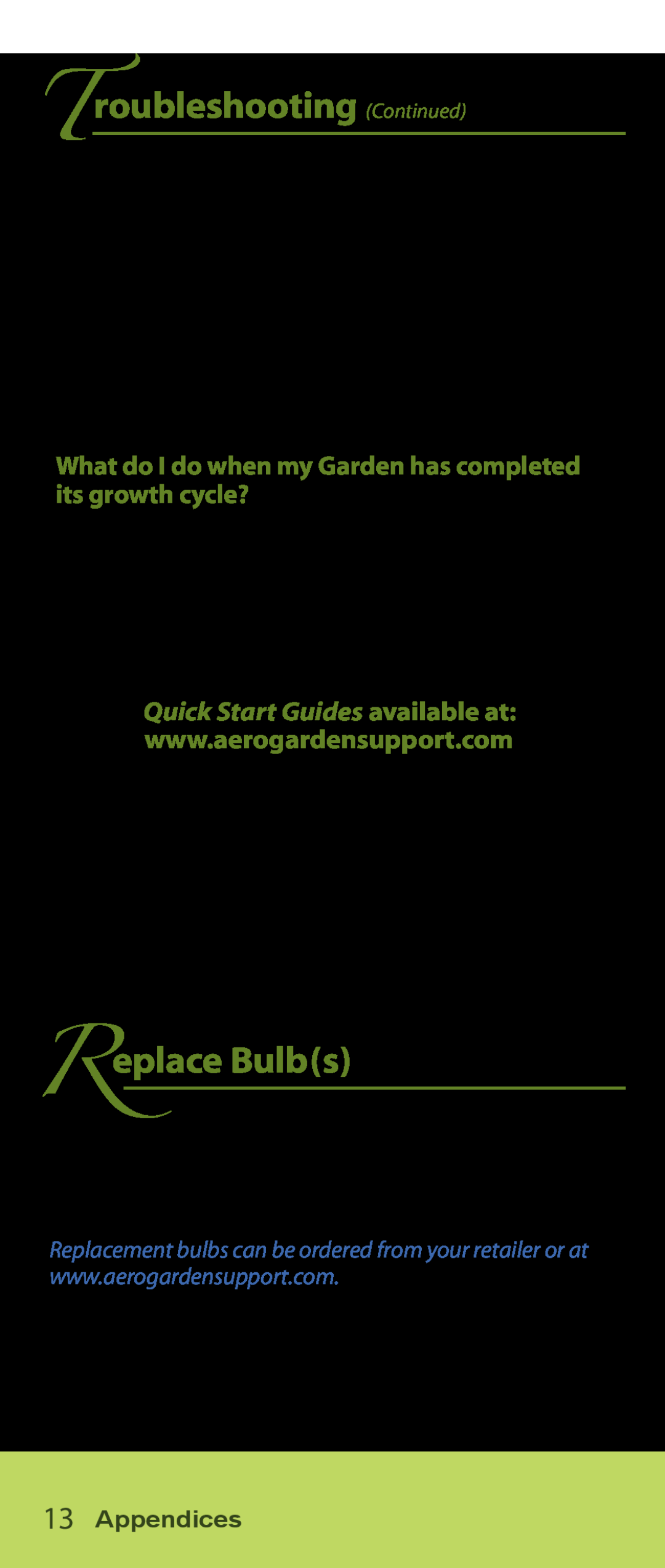 AeroGarden Salad Series manual Troubleshooting Continued, Replace Bulbs, Quick Start Guides available at 