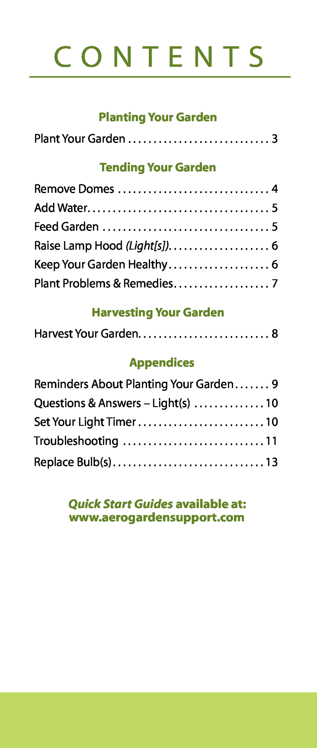 AeroGarden Salad Series C O N T E N T S, Planting Your Garden, Tending Your Garden, Harvesting Your Garden, Appendices 