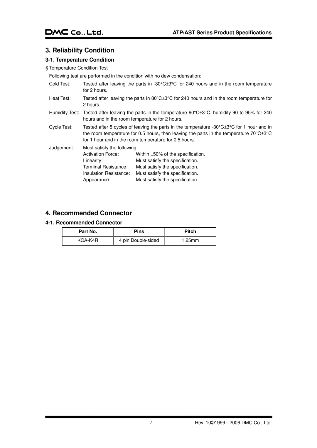 AG Neovo ATP/AST Series specifications Reliability Condition, Recommended Connector, Temperature Condition 