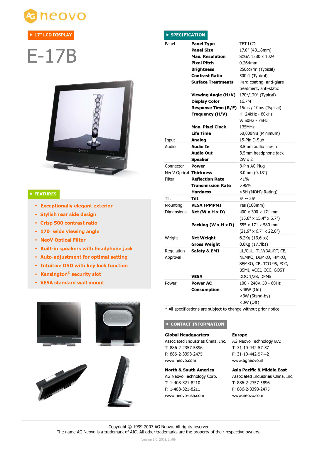 AG Neovo E-17B dimensions Vesa Fpmpmi 