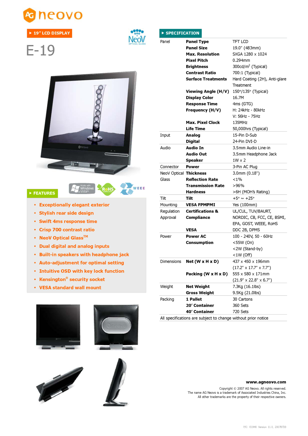 AG Neovo E-19 dimensions LCD Display Features, Specification, Vesa Fpmpmi 