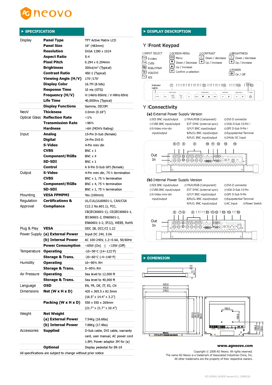 AG Neovo ER-19 manual Front Keypad, Connectivity 