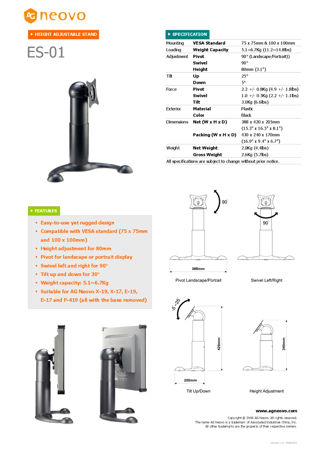 AG Neovo ES-01 dimensions Height Adjustable Stand, Features, Specification 