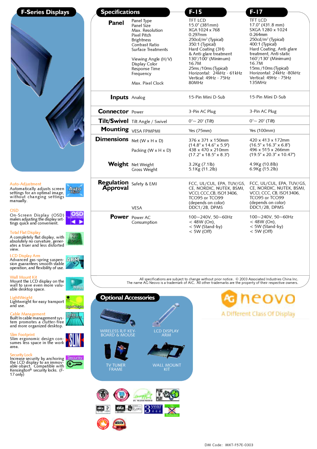 AG Neovo F-17, F-15 warranty Series Displays Specifications, Optional Accessories 