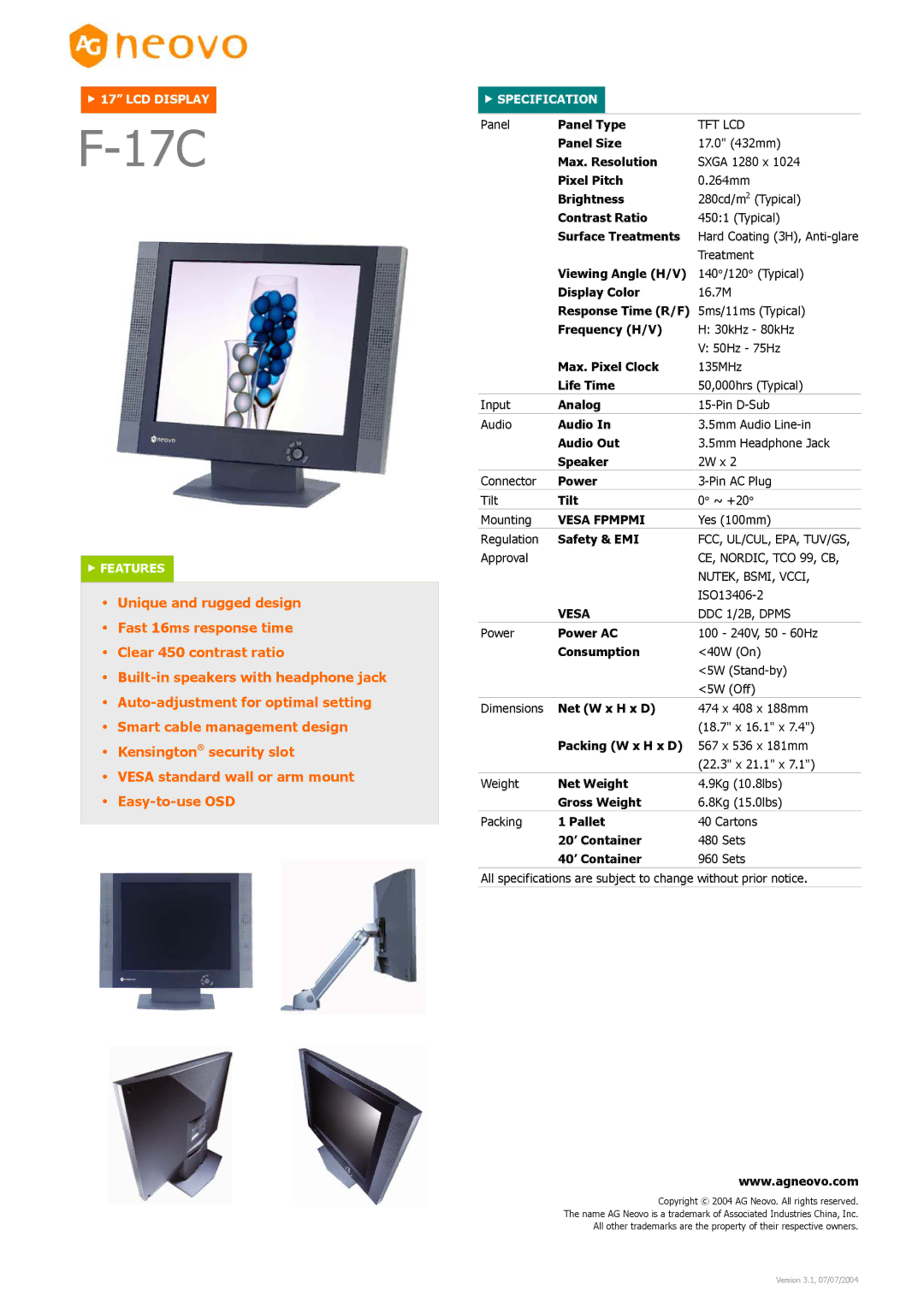 AG Neovo F-17C dimensions Vesa Fpmpmi 