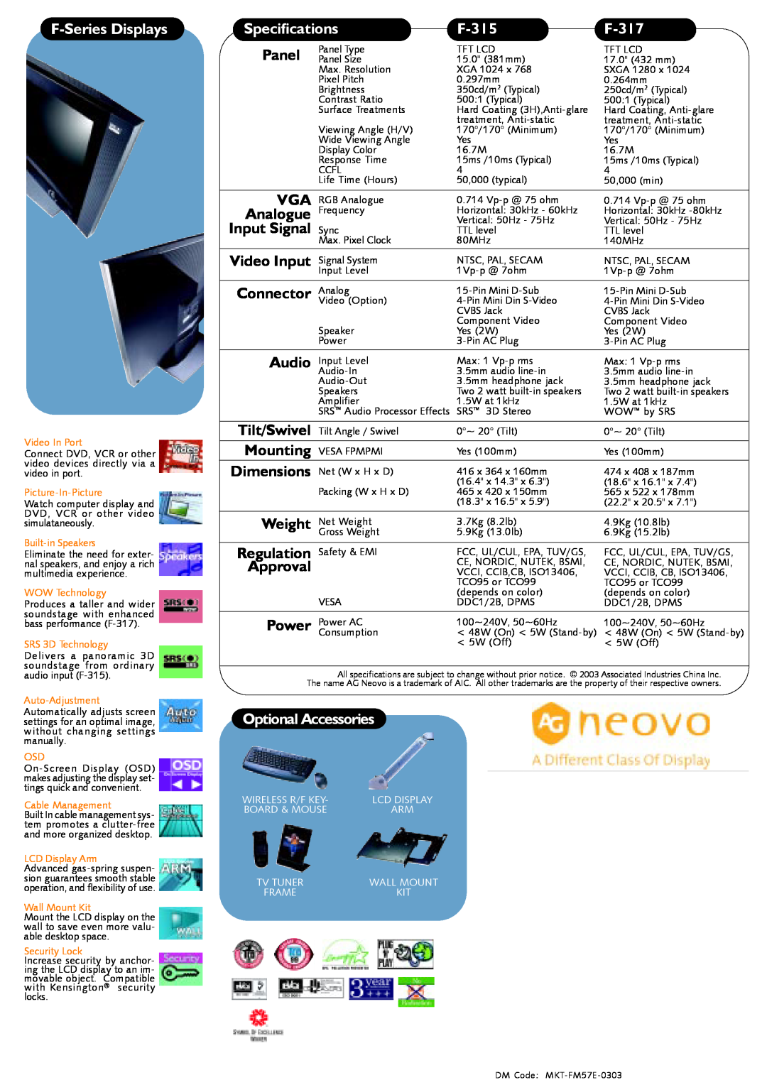 AG Neovo F-315 manual F-Series Displays, Specifications, F-317, Optional Accessories 