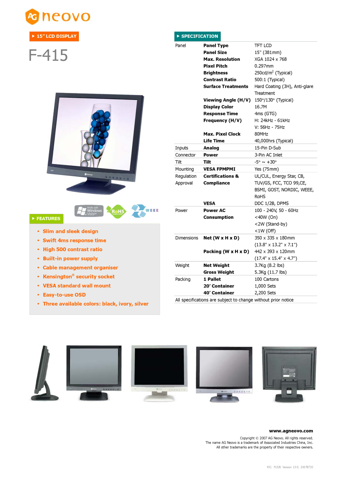 AG Neovo F-415 dimensions Vesa Fpmpmi 