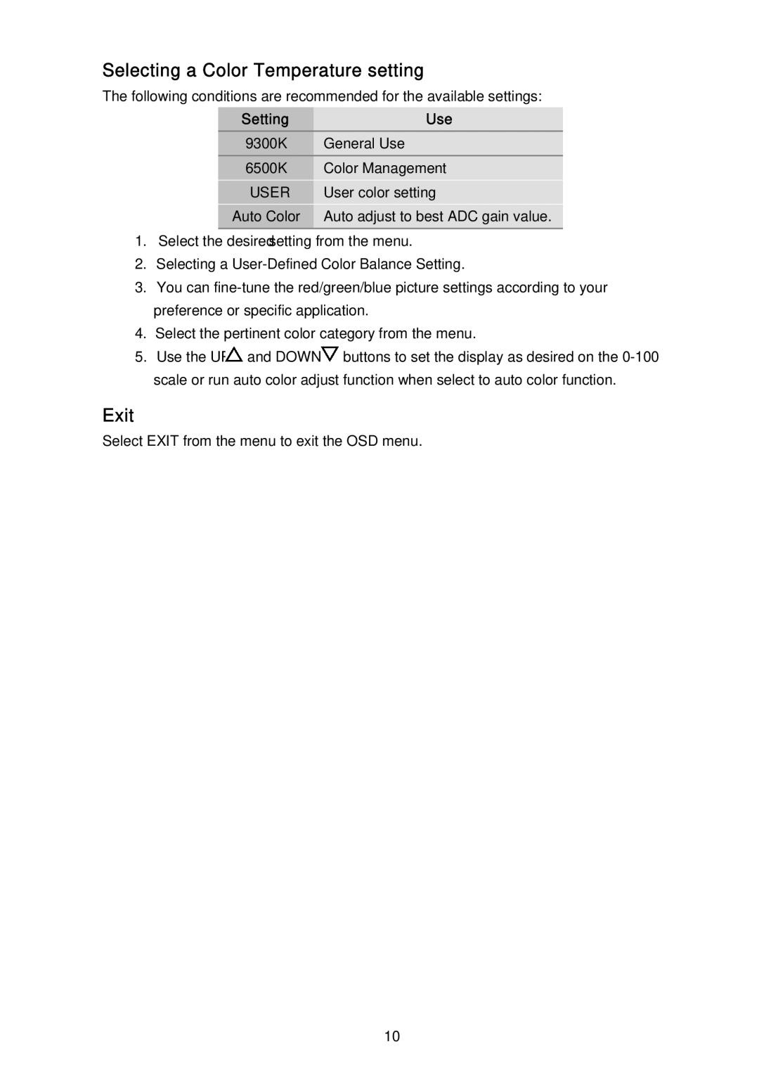 AG Neovo F-419 manual Selecting a Color Temperature setting, Exit, Setting Use 