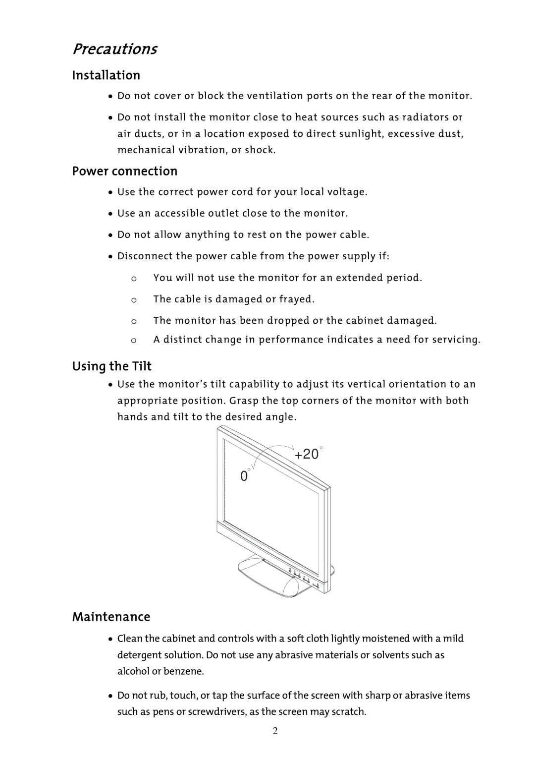 AG Neovo F-419 manual Precautions, Installation, Power connection, Using the Tilt, Maintenance 