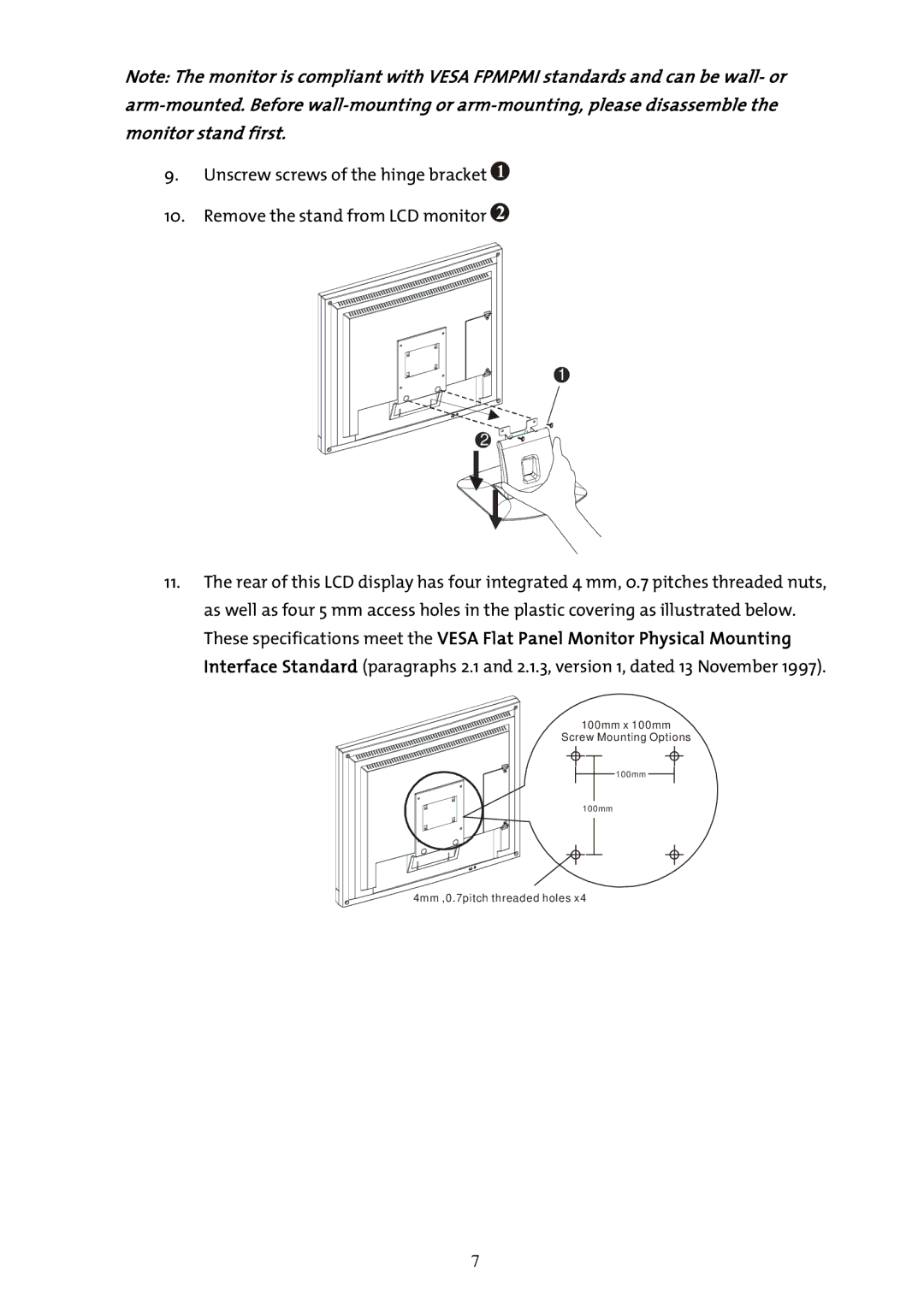 AG Neovo F-419 manual 100mm x 100mm Screw Mounting Options 