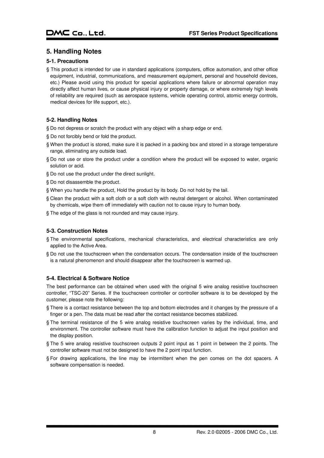 AG Neovo FST Series specifications Handling Notes, Precautions, Construction Notes, Electrical & Software Notice 