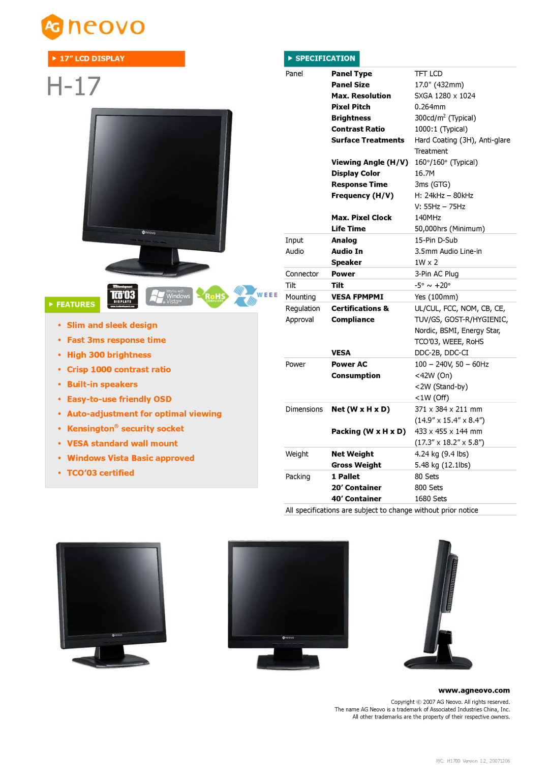 AG Neovo H-17 dimensions LCD Display Features, Specification, Vesa Fpmpmi 