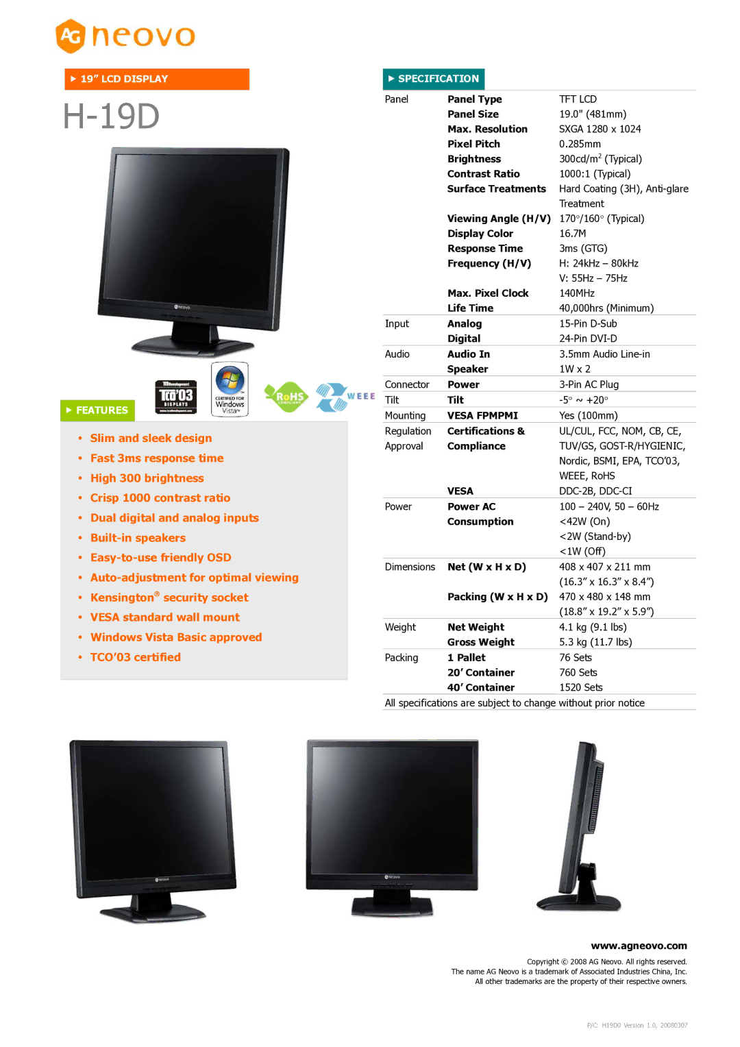 AG Neovo H-19 dimensions 19D, Vesa Fpmpmi 