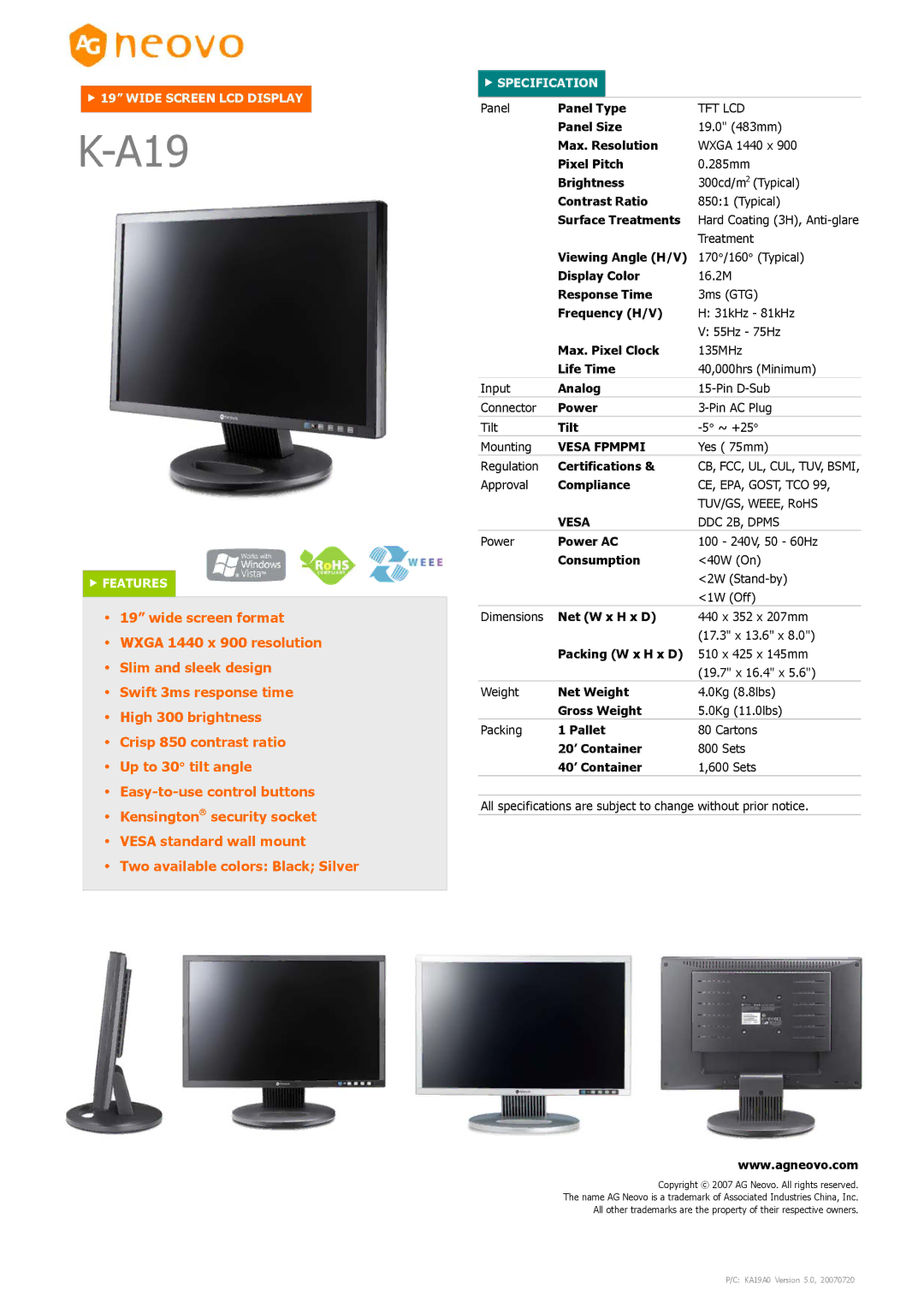 AG Neovo K-A19 dimensions Vesa Fpmpmi 