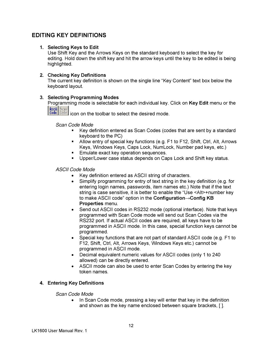 AG Neovo LK1600 Editing KEY Definitions, Selecting Keys to Edit, Checking Key Definitions, Selecting Programming Modes 