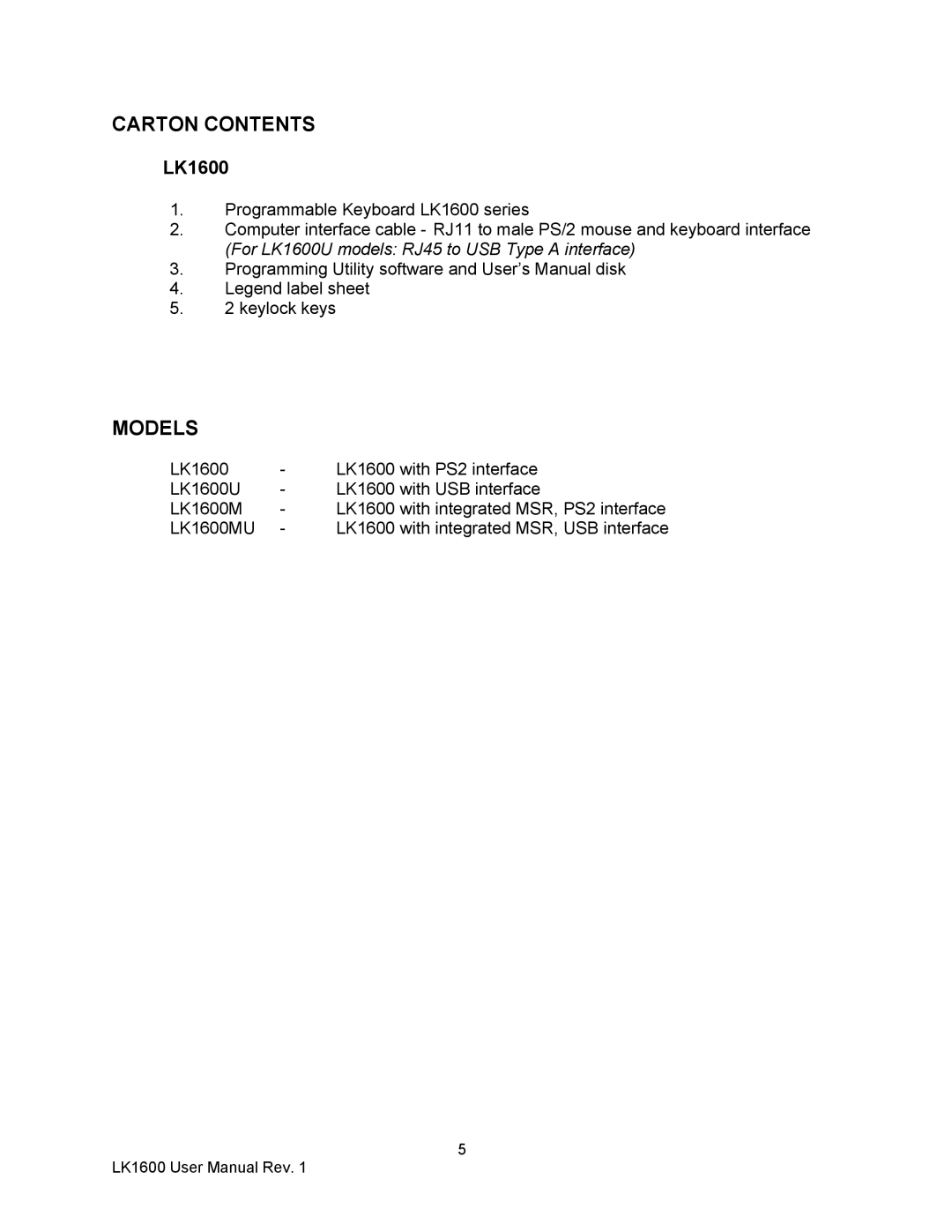 AG Neovo LK1600 user manual Carton Contents, Models 