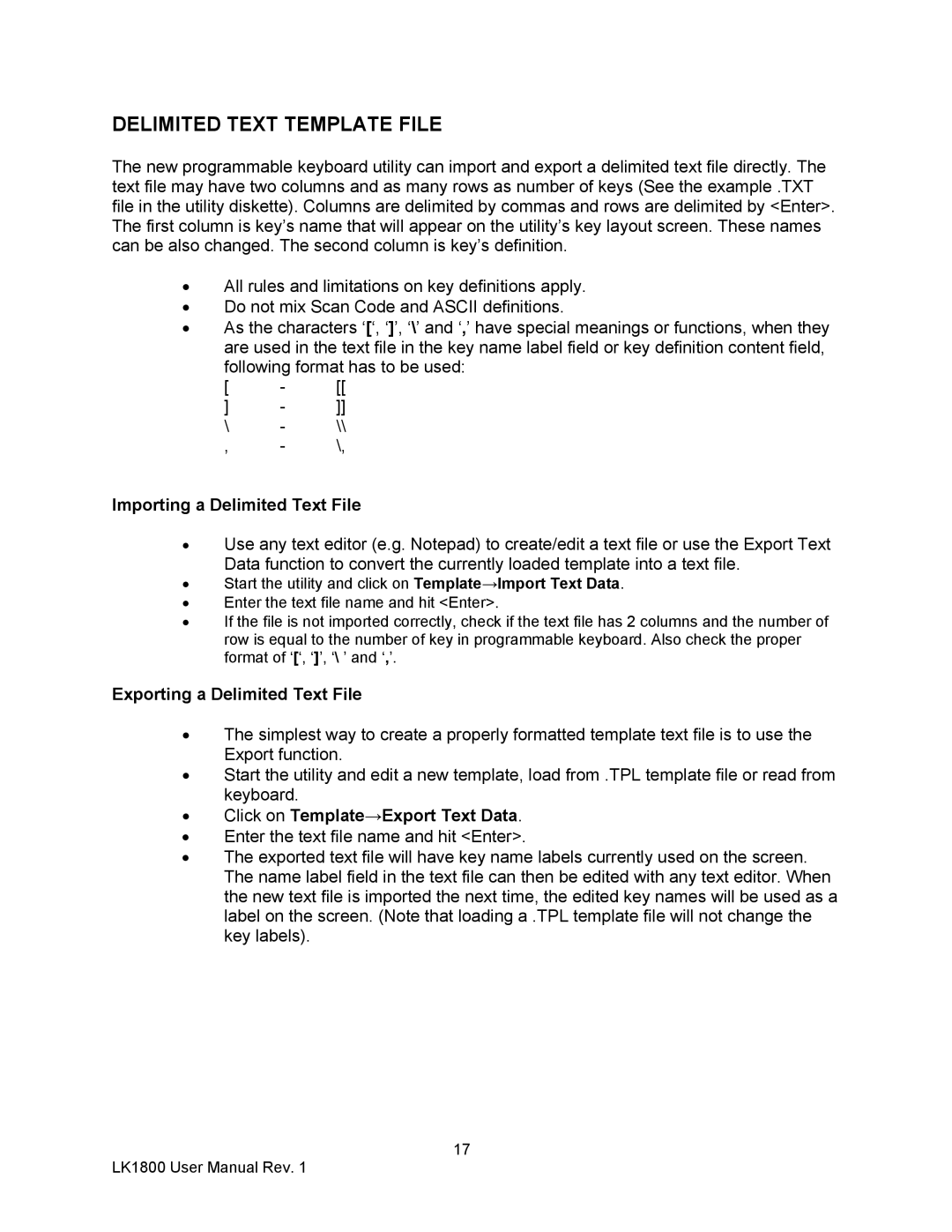 AG Neovo LK1800 user manual Delimited Text Template File, Importing a Delimited Text File, Exporting a Delimited Text File 