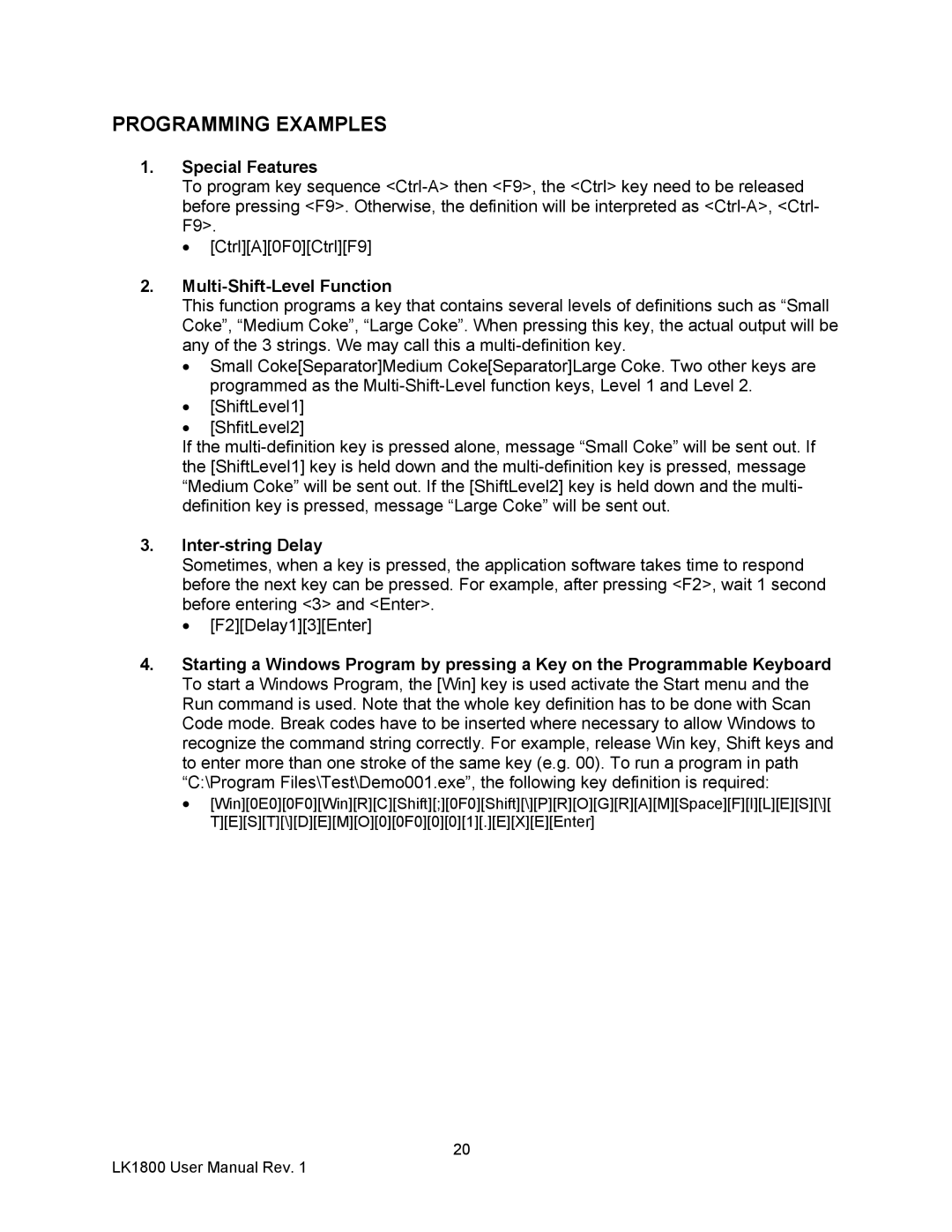 AG Neovo LK1800 user manual Programming Examples, Multi-Shift-Level Function, Inter-string Delay 