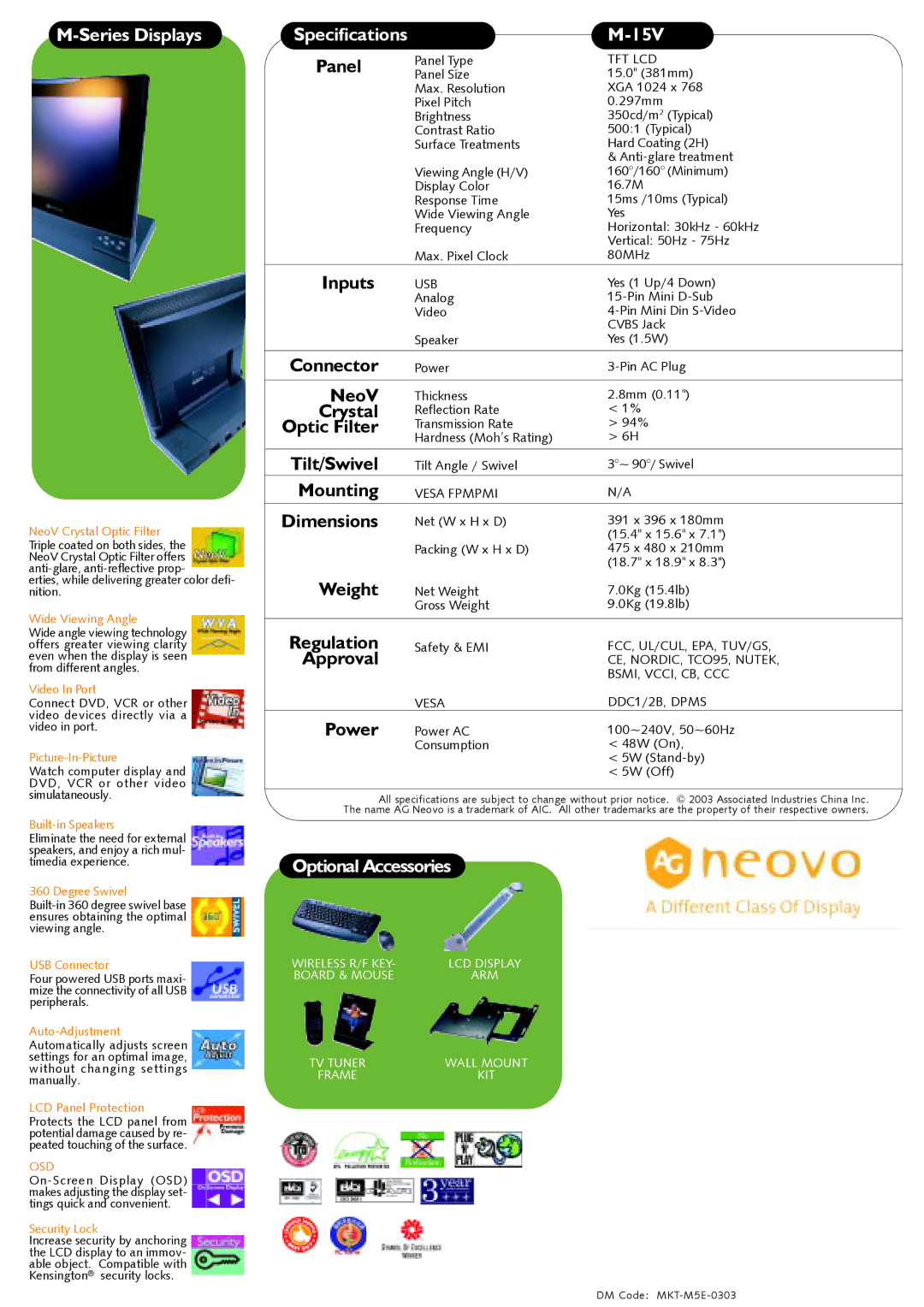 AG Neovo M-15V manual Series Displays, Specifications 15V, Optional Accessories 