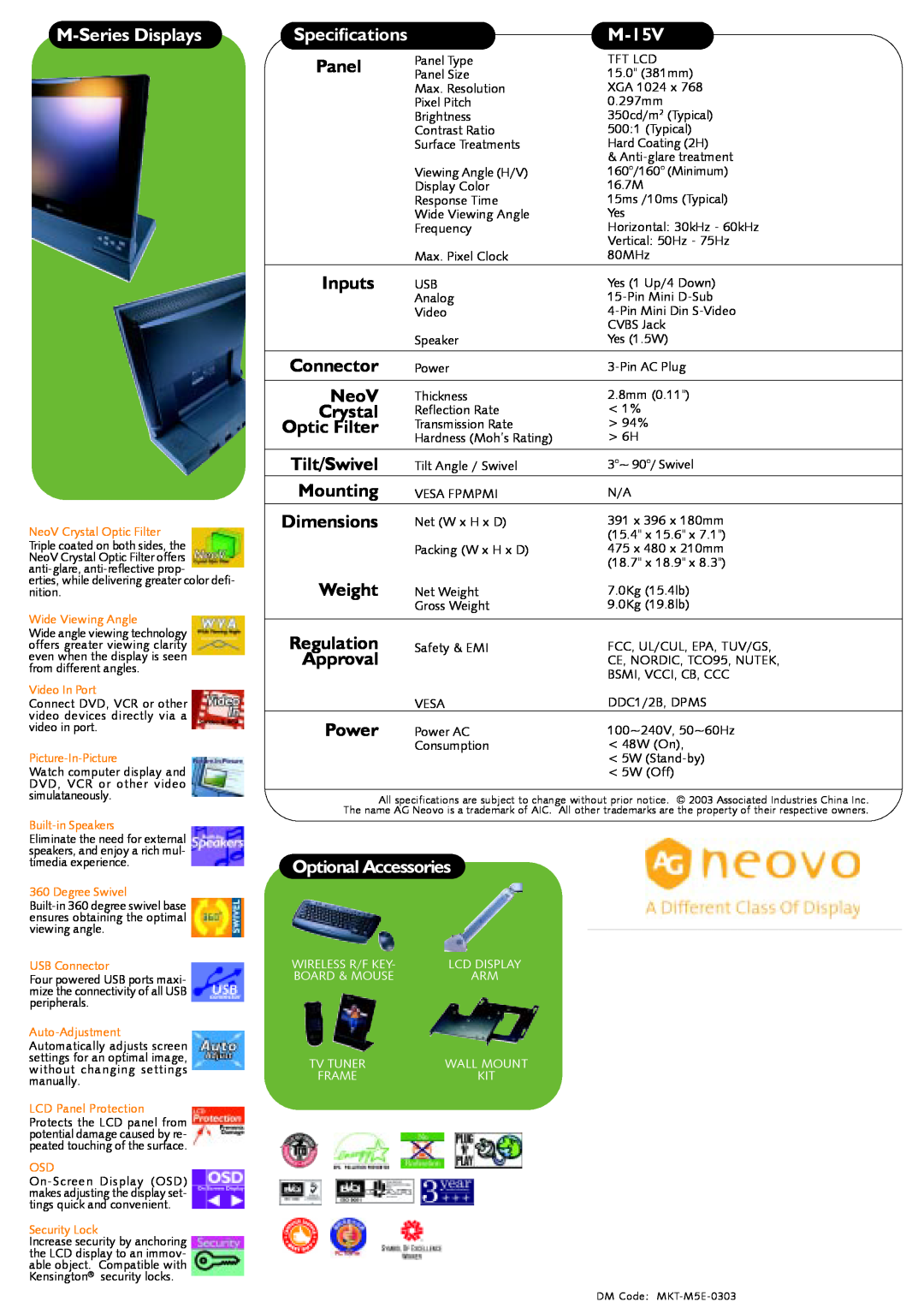 AG Neovo M-15V manual M-Series Displays, Specifications, Panel, Optional Accessories 