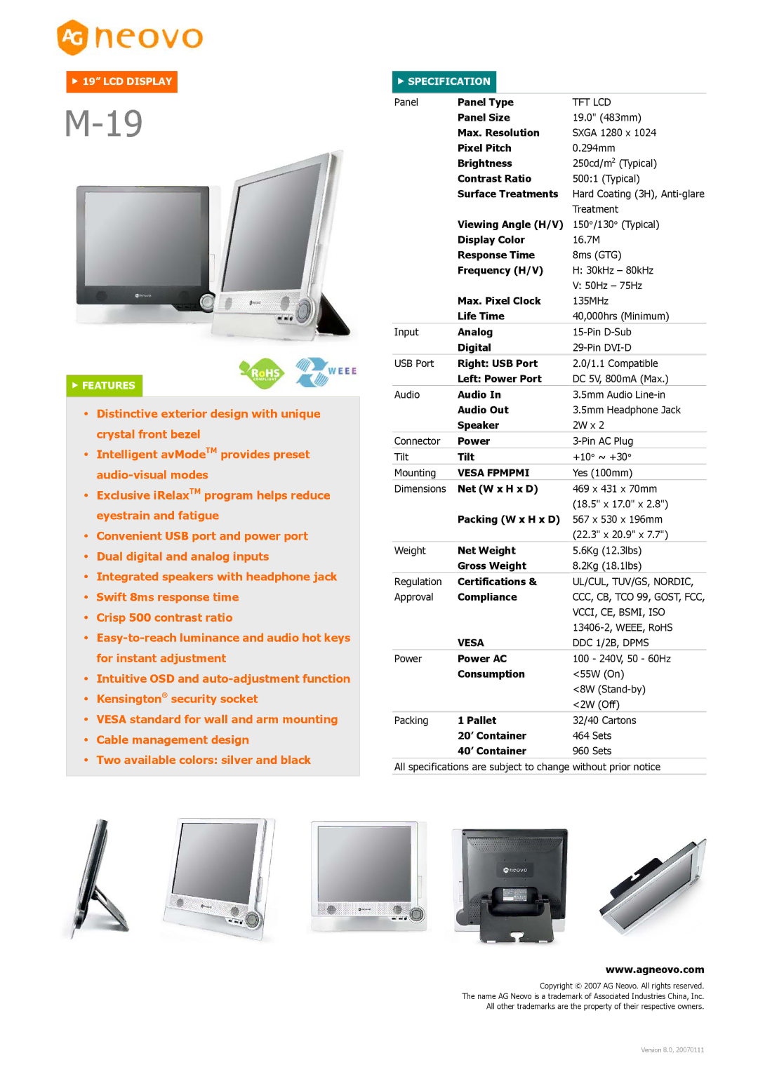 AG Neovo M-19 dimensions LCD Display Features, Specification, Vesa Fpmpmi 