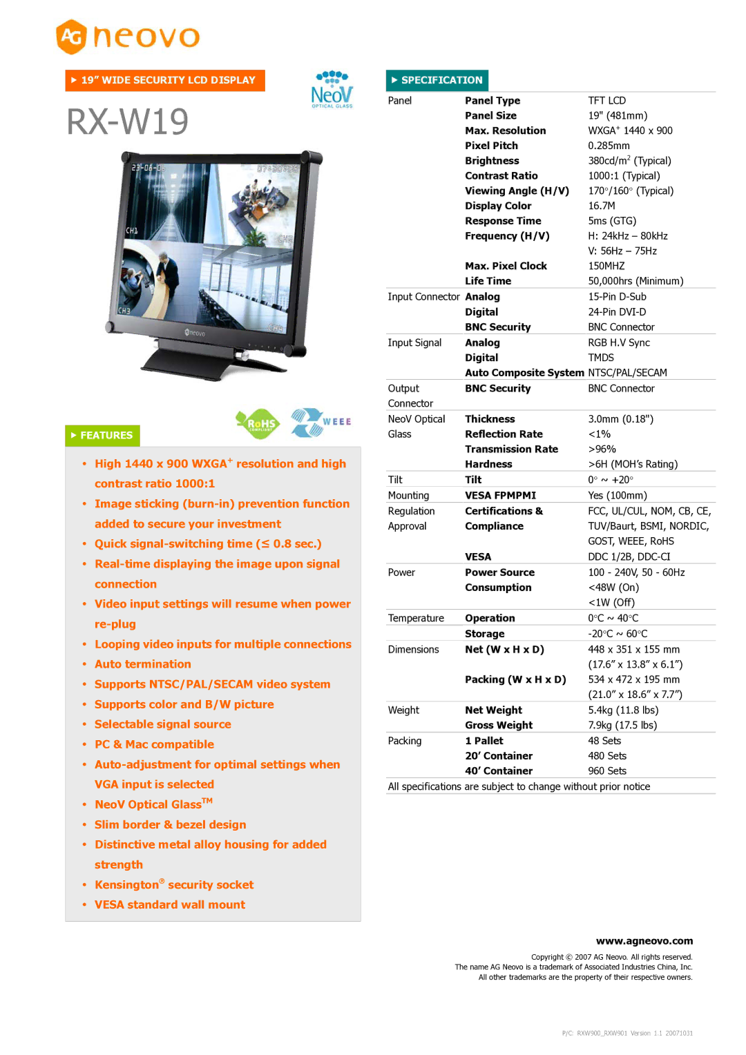 AG Neovo RX-W19 dimensions Vesa Fpmpmi 