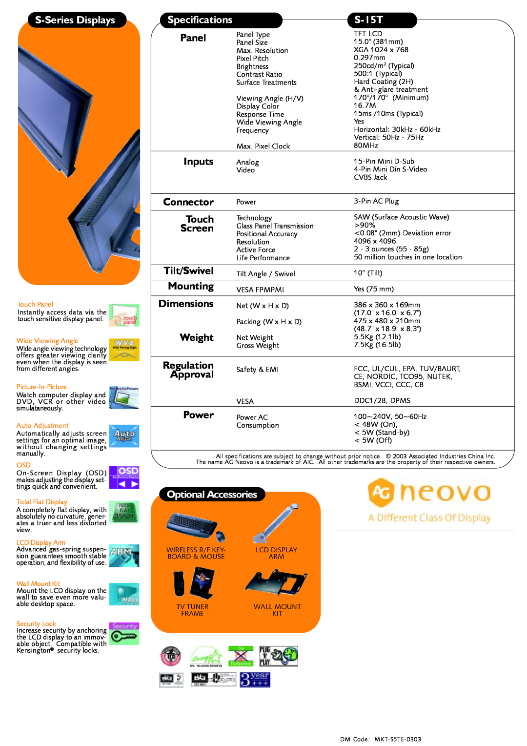 AG Neovo S-15T manual S-Series Displays, Specifications, Panel, Optional Accessories 