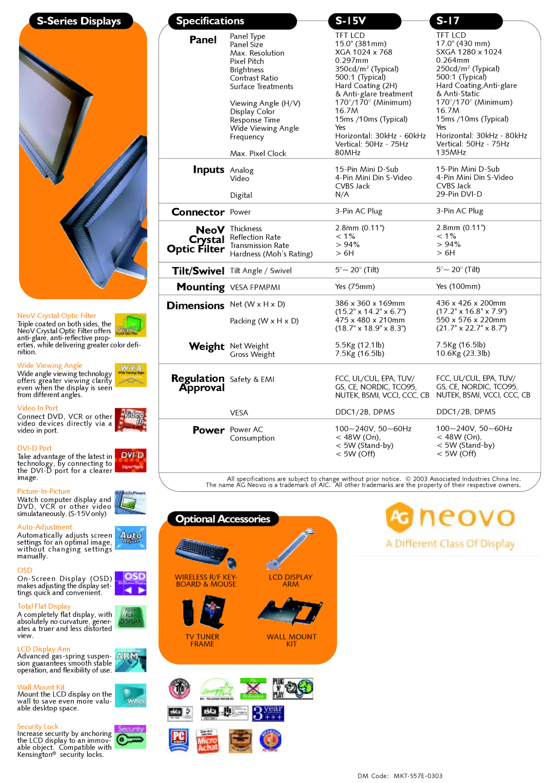 AG Neovo S-17, S-15V manual Series Displays, Specifications 15V, Optional Accessories 