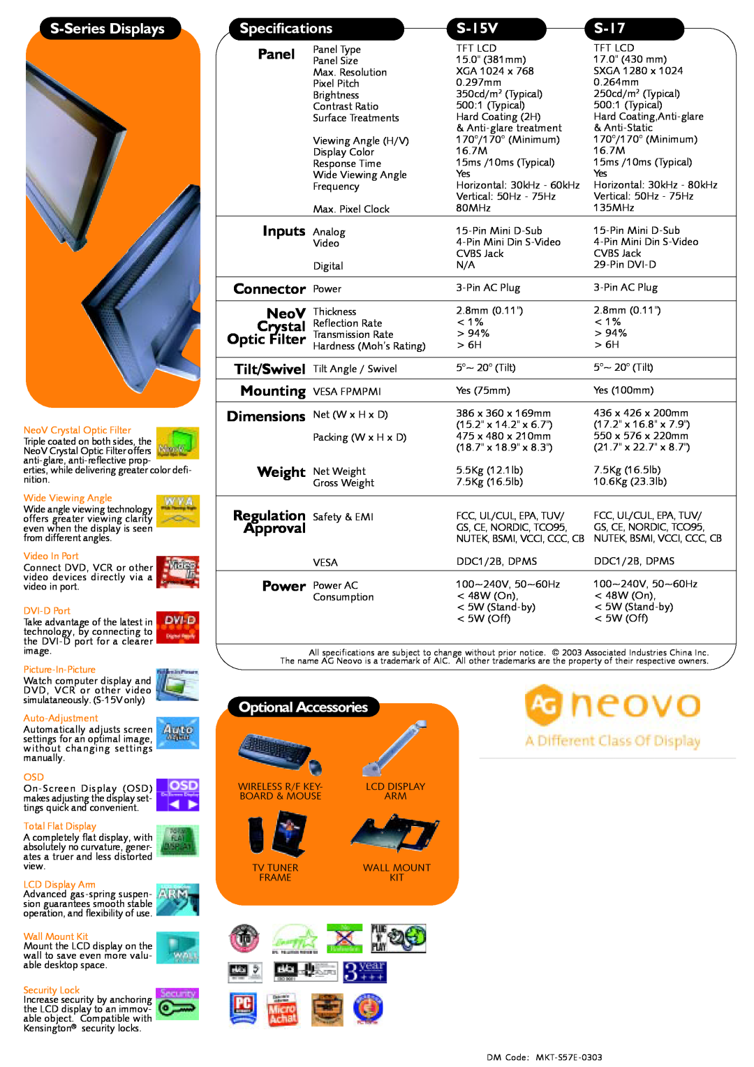 AG Neovo S-17 manual S-Series Displays, Specifications, S-15V, Optional Accessories 