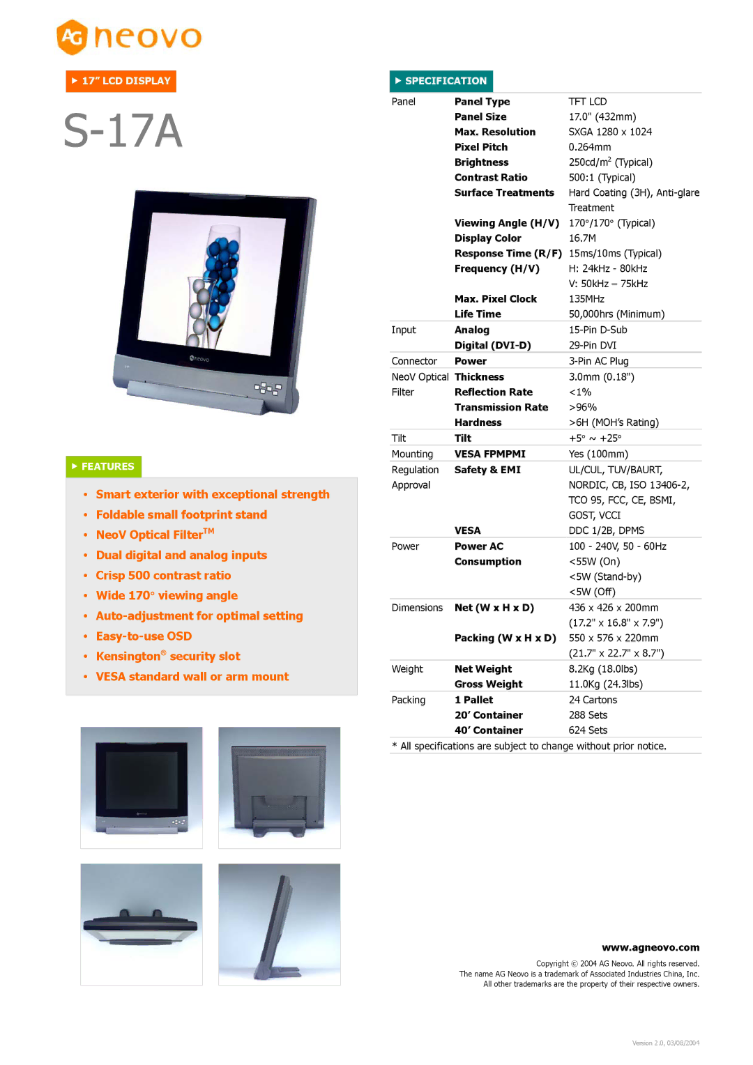 AG Neovo S-17A dimensions Vesa Fpmpmi 