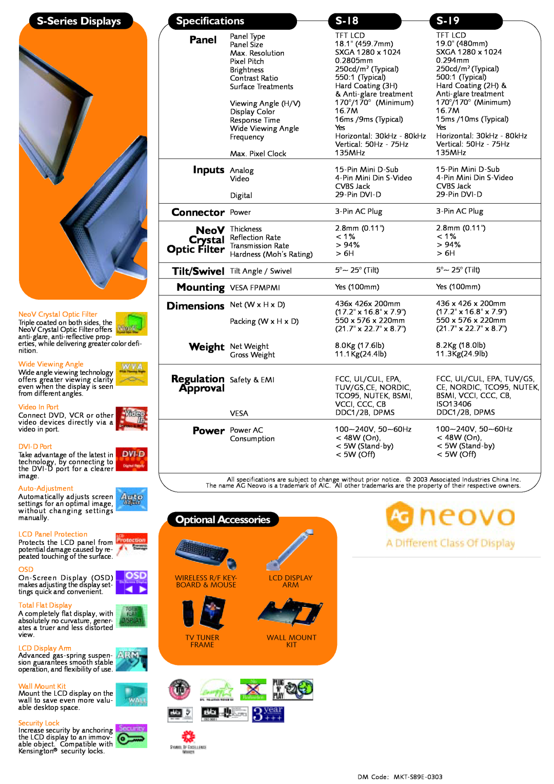 AG Neovo S-18/S-19 warranty Panel, Inputs Analog, Connector Power, Crystal, Optic Filter, Tilt/Swivel, Mounting, Approval 