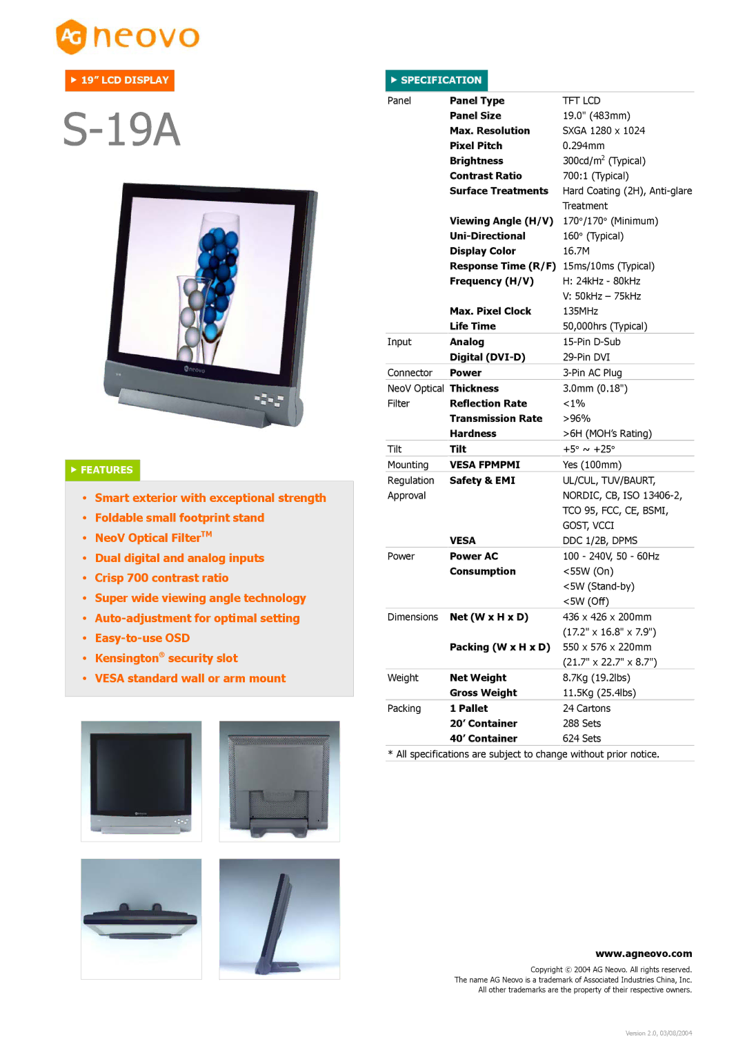AG Neovo S-19A dimensions Vesa Fpmpmi 